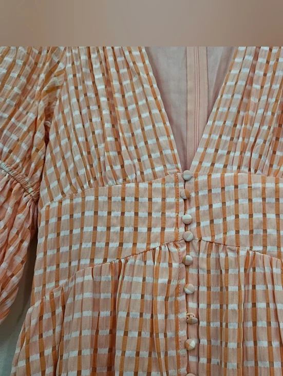 Pearl + Sea Orange Gingham Maxi Dress | Boho V-Neck Button Front Tiered Peach US - Picture 4 of 10